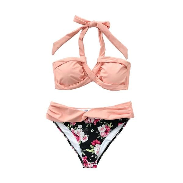 CUPSHE Peachy Pink And Floral Print Halter Bikini Sets Women Sexy Thong Two Pieces Swimsuits 2019 Girl Beach Bathing Suits