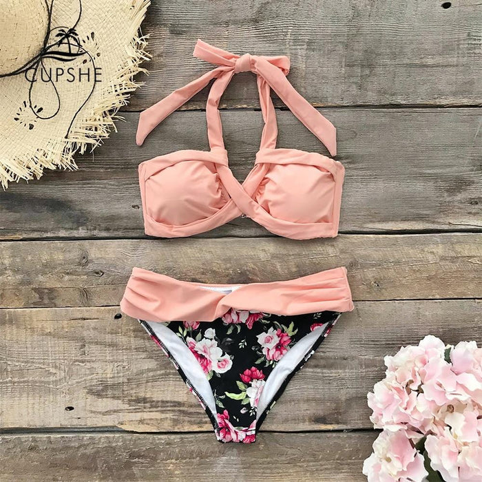 CUPSHE Peachy Pink And Floral Print Halter Bikini Sets Women Sexy Thong Two Pieces Swimsuits 2019 Girl Beach Bathing Suits