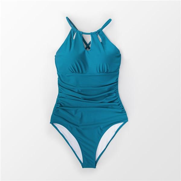 CUPSHE Peacock Blue Halter Lace-up Back One-Piece Swimsuit Women Solid Monokini Swimwear 2019 Girl Beach Bathing Suits