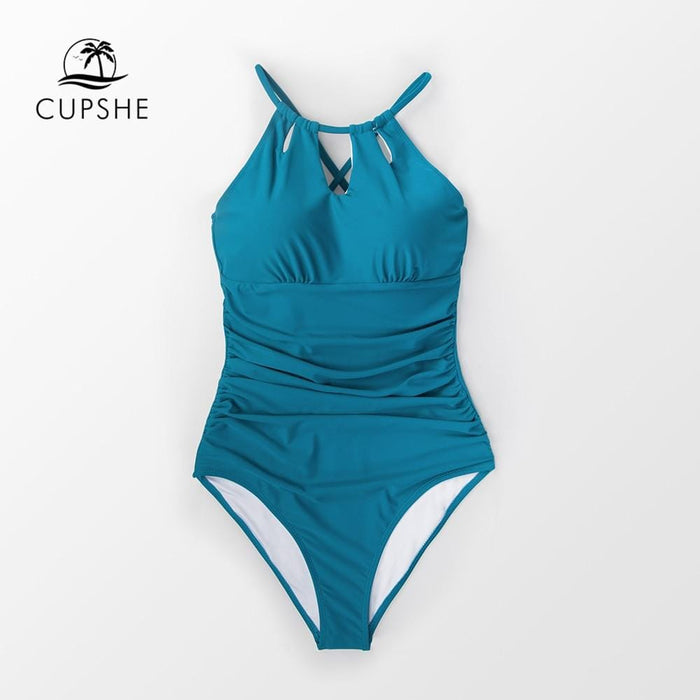 CUPSHE Peacock Blue Halter Lace-up Back One-Piece Swimsuit Women Solid Monokini Swimwear 2019 Girl Beach Bathing Suits