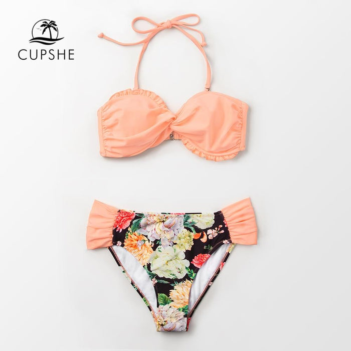CUPSHE Pink And Floral Bandeau Bikini Sets Women Sweet Halter Two Pieces Swimsuits 2019 Girl Beach Bathing Suits