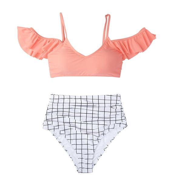 CUPSHE Pink And Plaid Print High-Waist Bikini Sets Women Sexy Ruffle Two Pieces Swimsuits 2019 Girl Beach Bathing Suits