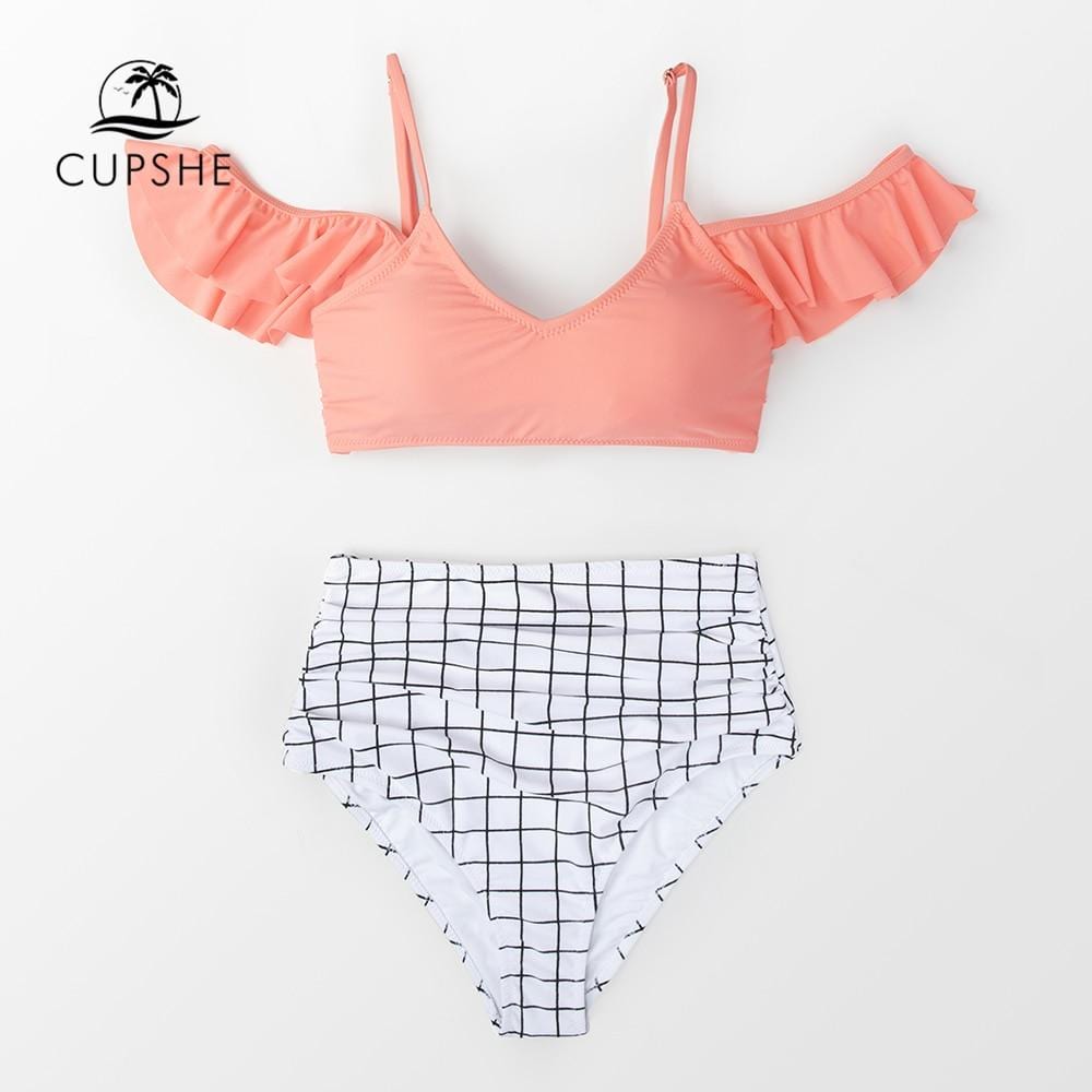 CUPSHE Pink And Plaid Print High-Waist Bikini Sets Women Sexy Ruffle Two Pieces Swimsuits 2019 Girl Beach Bathing Suits
