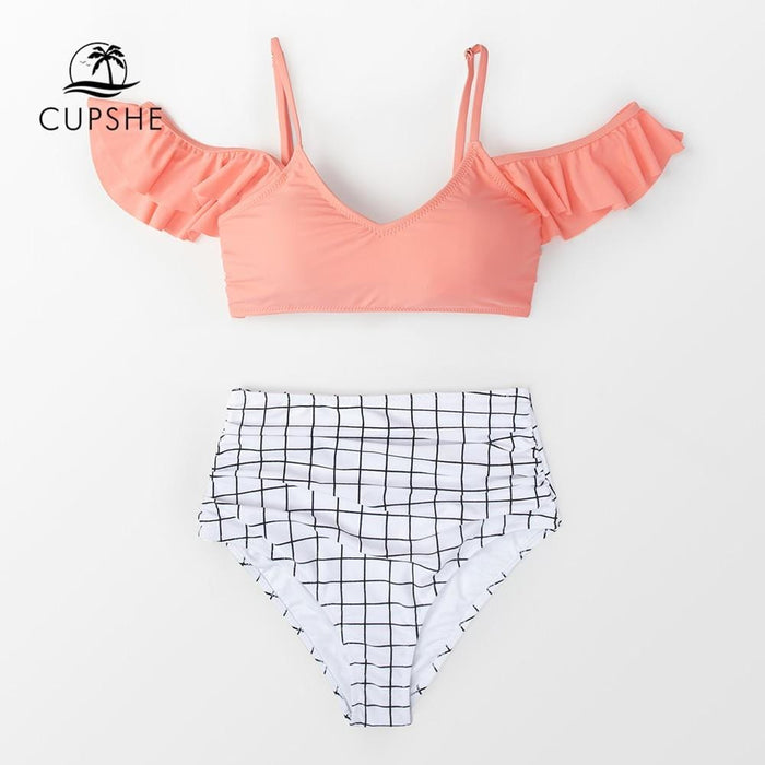 CUPSHE Pink And Plaid Print High-Waist Bikini Sets Women Sexy Ruffle Two Pieces Swimsuits 2019 Girl Beach Bathing Suits