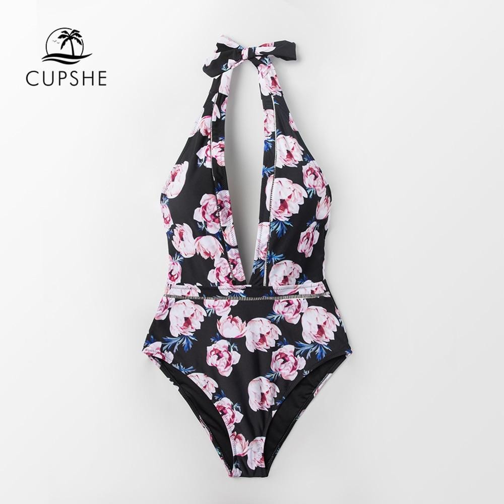 CUPSHE Pink Floral Plunging Halter One-Piece Swimsuit Women Sexy Beach Bathing Suits 2019 Girl Monokini Swimwear