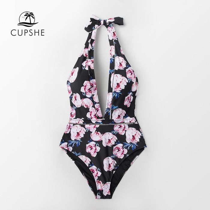 CUPSHE Pink Floral Plunging Halter One-Piece Swimsuit Women Sexy Beach Bathing Suits 2019 Girl Monokini Swimwear