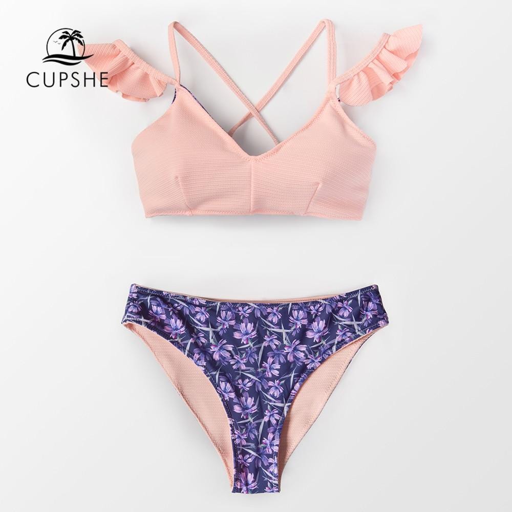 CUPSHE Pink Ruffled Crisscross Bikini Sets Women Sexy Thong Two Pieces Swimsuits 2019 Girl Beach Bathing Suits Swimwear
