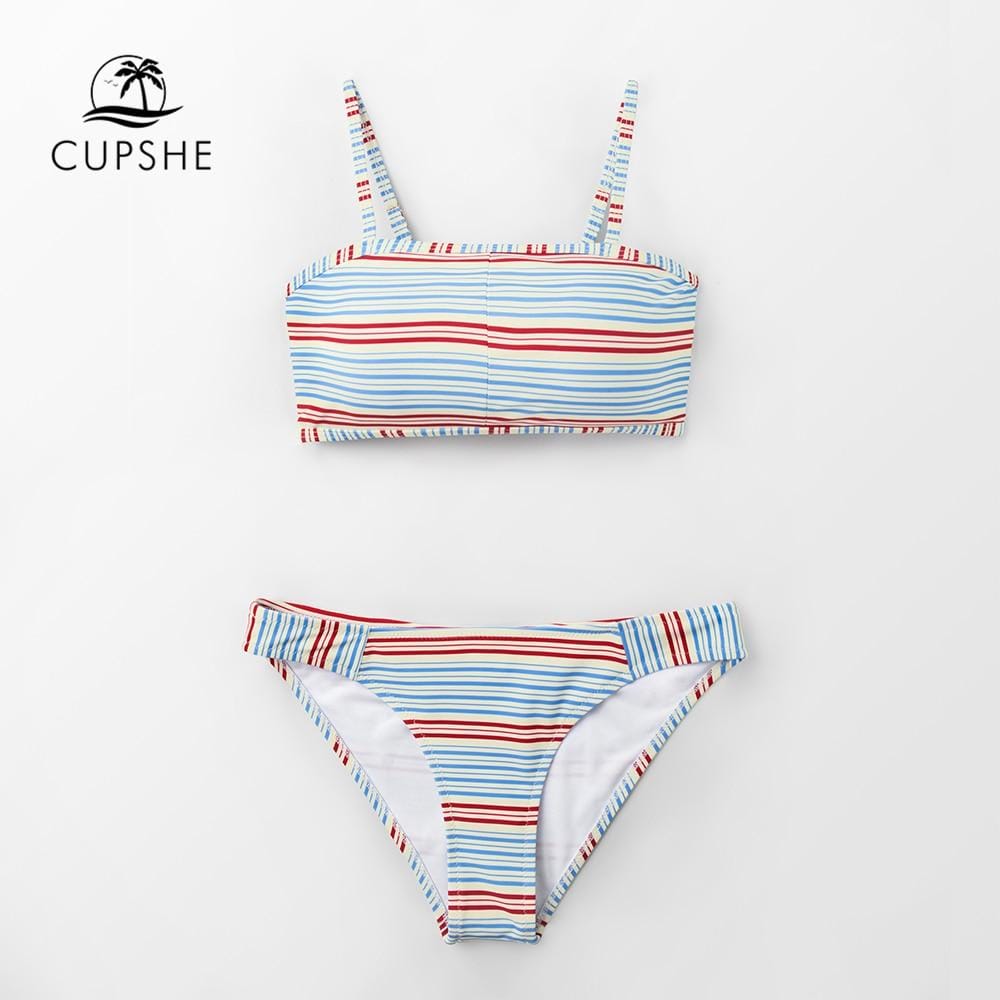 CUPSHE Red Blue And Beige Striped Bandeau Bikini Sets Women Sexy Lace-up Thong Two Pieces Swimsuits 2019 Girl Beach Bathing Suit