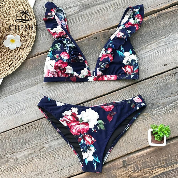 CUPSHE Ruffled Floral Print Bikini Sets Women Sexy Thong Two Pieces Swimsuits 2019 Girl Cute Bathing Suits Swimwear