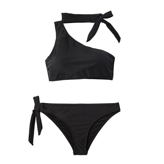 CUPSHE Sexy Black One Shoulder Tie Neck Bow Bikini Sets Women Solid Two Pieces Swimsuits 2019 Girl Beach Bathing Suits