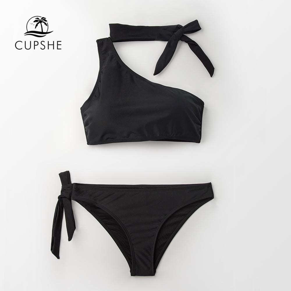 CUPSHE Sexy Black One Shoulder Tie Neck Bow Bikini Sets Women Solid Two Pieces Swimsuits 2019 Girl Beach Bathing Suits