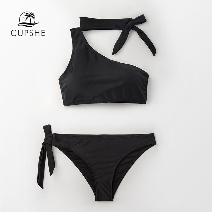 CUPSHE Sexy Black One Shoulder Tie Neck Bow Bikini Sets Women Solid Two Pieces Swimsuits 2019 Girl Beach Bathing Suits
