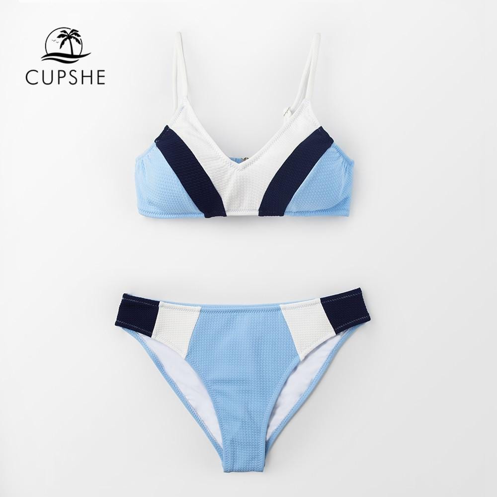 CUPSHE Sexy Blue Navy And White Color Block Bikini Sets Women Sweet Two Pieces Swimsuits 2019 Girl Beach Bathing Suits