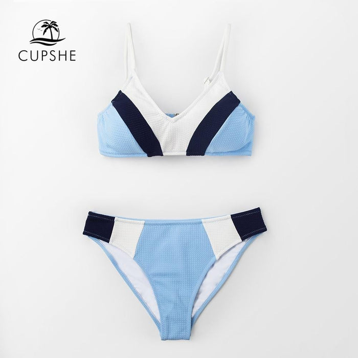 CUPSHE Sexy Blue Navy And White Color Block Bikini Sets Women Sweet Two Pieces Swimsuits 2019 Girl Beach Bathing Suits