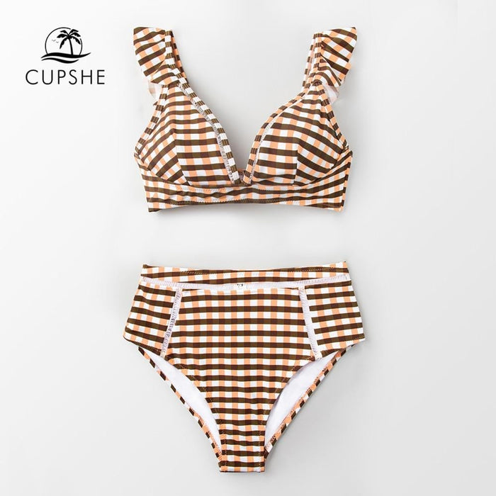 CUPSHE Sexy Gingham High-waisted Ruffled Bikini Sets Women Sweet Two Pieces Swimsuits 2019 Girl Beach Bathing Suits