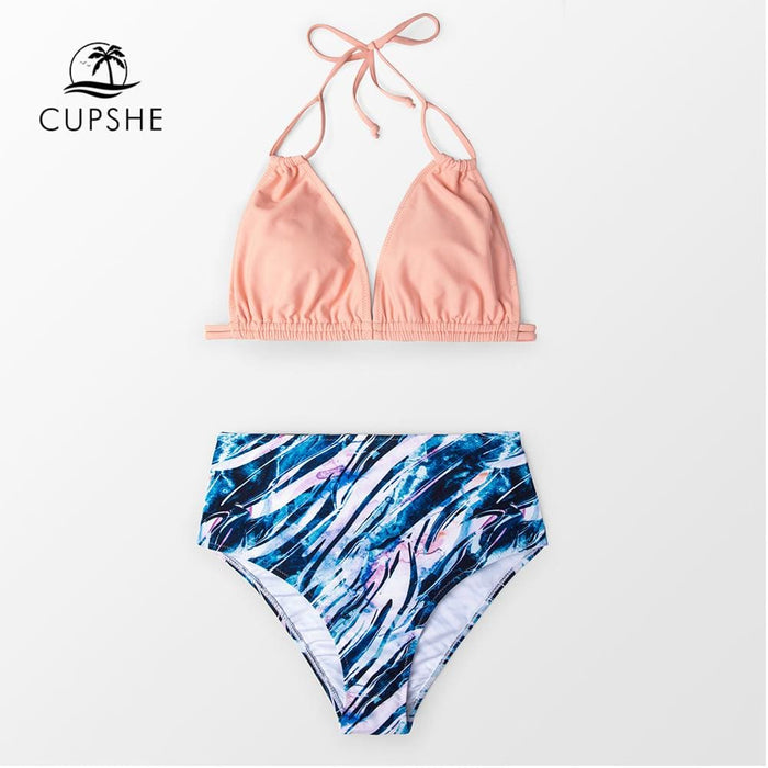 CUPSHE Sexy Pink Abstract Print High-Waist Triangle Bikini Sets Women Halter Two Pieces Swimsuits 2019 Girl Beach Bathing Suits