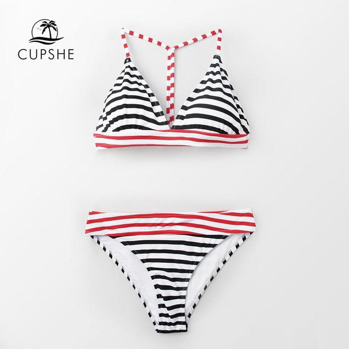 CUPSHE Sexy Red And Black Stripe Triangle Bikini Sets Women Thong Two Pieces Swimsuits 2019 Girl Beach Bathing Suits