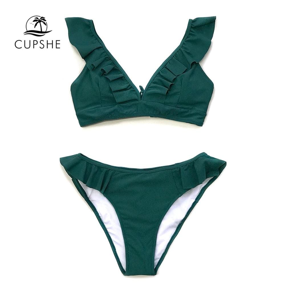 CUPSHE Solid Green Ruffled Bikini Sets Women Lace-up Cute Two Pieces Swimsuits 2019 Girl Beach Bathing Suits Swimwear