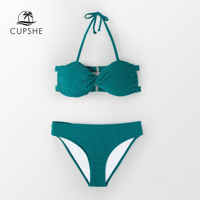 CUPSHE Solid Green Twist Bandeau Low waist Bikini Sets Women Push Up Thong Triangle Two Pieces Swimwear 2018 Ruched Swimsuits