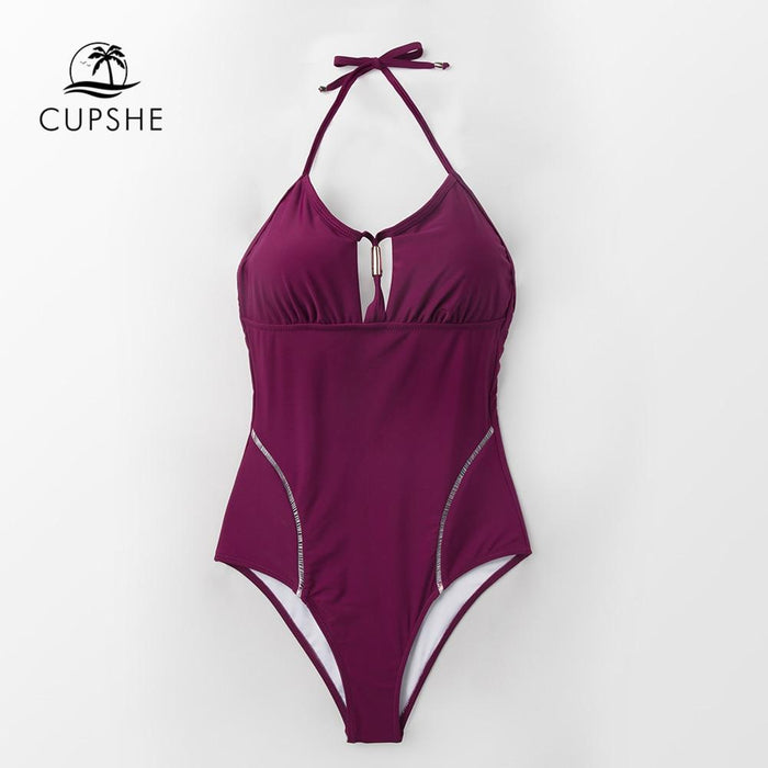 CUPSHE Solid Purple Backless Halter One-Piece Swimsuit Women Sexy Cutout Monokini Bathing Suits 2019 Girl Beach Swimwear