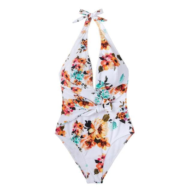 CUPSHE Tie Waist Floral One-piece Swimsuit Women Sexy Backless Halter Monokini Swimwear 2019 Girl Beach Bathing Suits