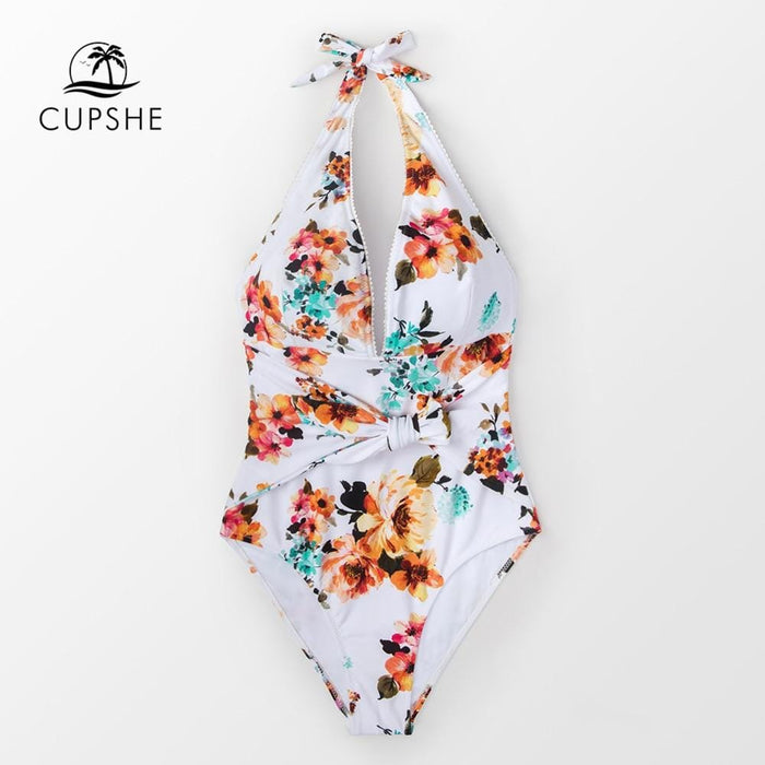 CUPSHE Tie Waist Floral One-piece Swimsuit Women Sexy Backless Halter Monokini Swimwear 2019 Girl Beach Bathing Suits