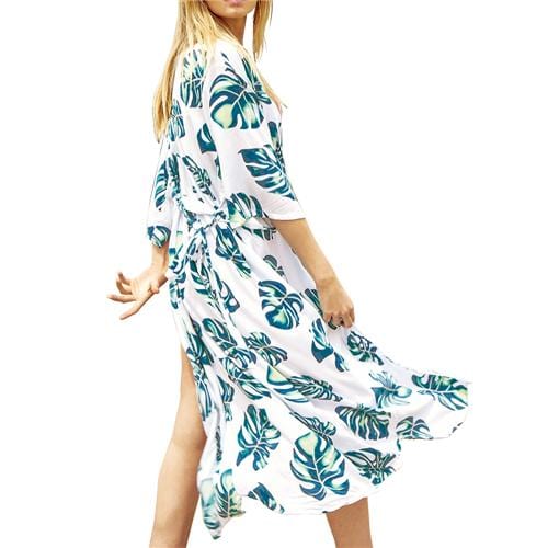 CUPSHE White Leafy Print Belt Cover Up Kimono 2019 Summer Women Vocation Long Clothing