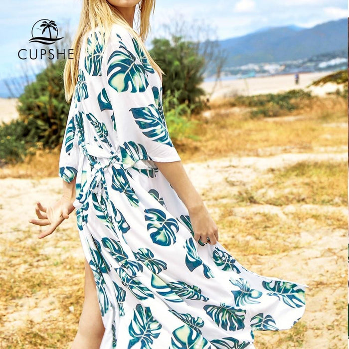 CUPSHE White Leafy Print Belt Cover Up Kimono 2019 Summer Women Vocation Long Clothing