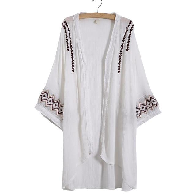 CUPSHE White Simple Pattern Embroidered Cover Up 2019 Women Boho Fringe Bathing Kimono