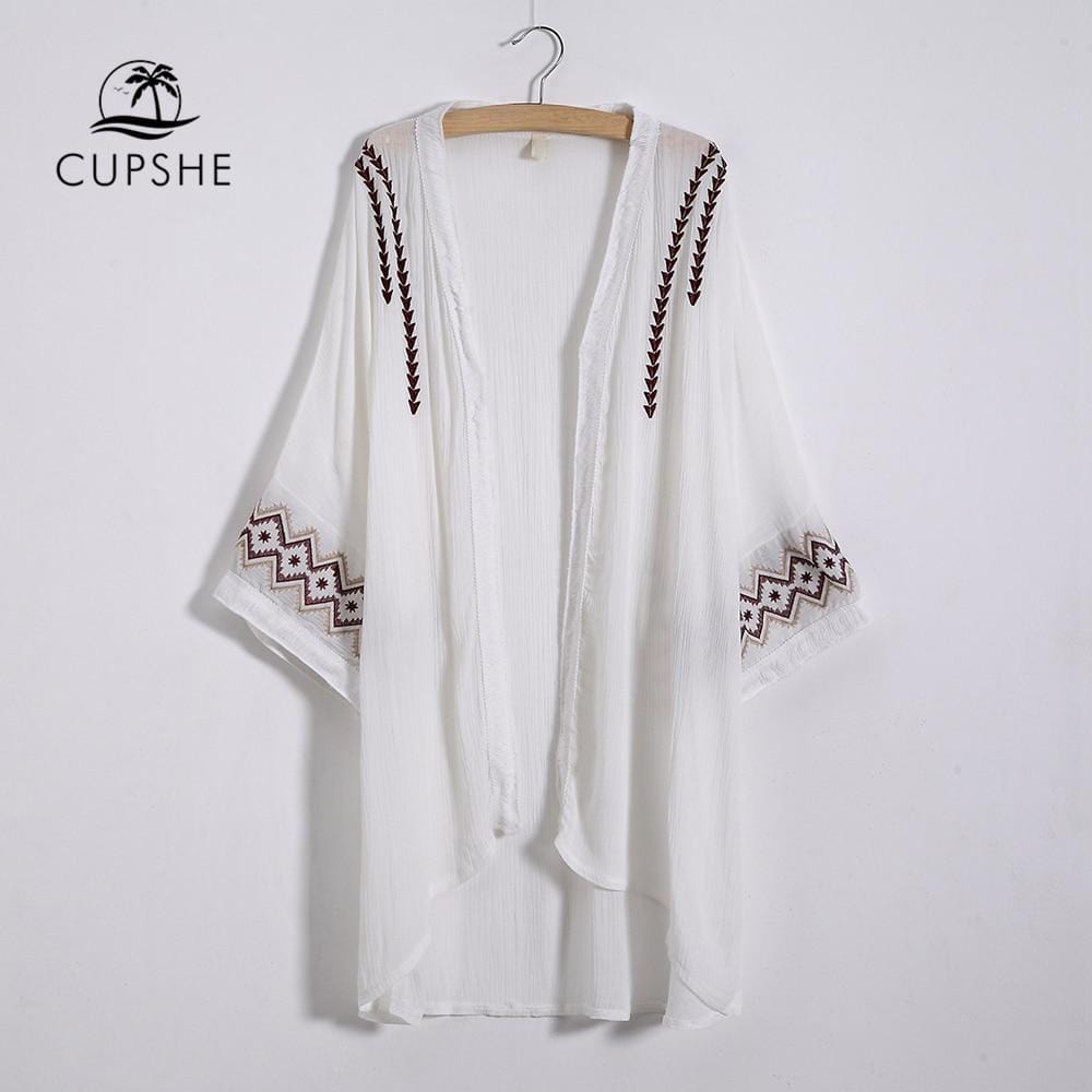 CUPSHE White Simple Pattern Embroidered Cover Up 2019 Women Boho Fringe Bathing Kimono