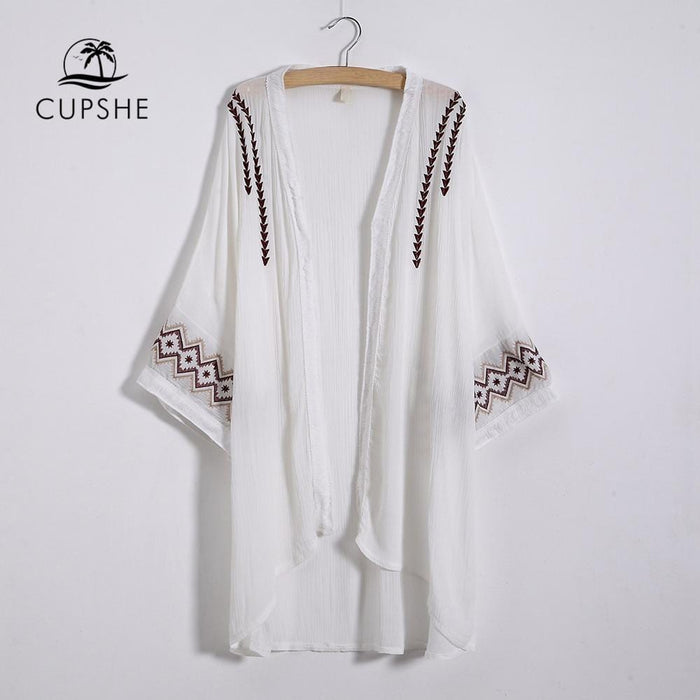 CUPSHE White Simple Pattern Embroidered Cover Up 2019 Women Boho Fringe Bathing Kimono