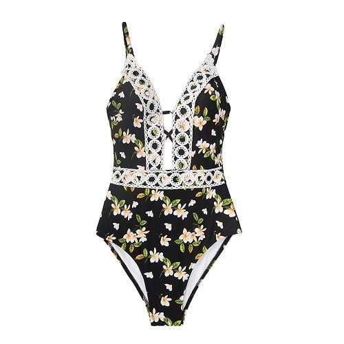 CUPSHE Women Floral Print Lace V neck One-Piece Swimsuit Women Sexy Lace Up Monokini 2019 Girl Beach Bathing Suits swimwear