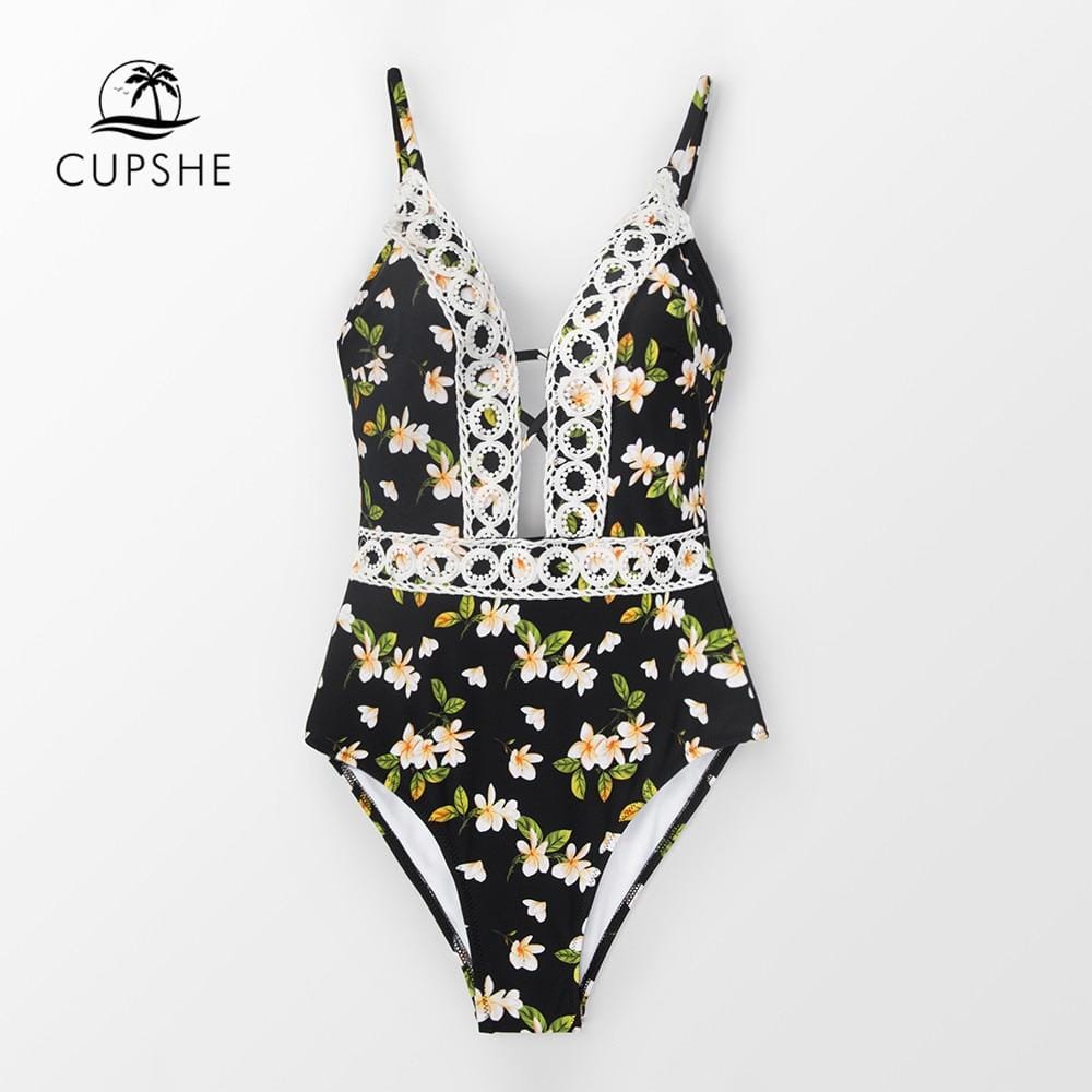 CUPSHE Women Floral Print Lace V neck One-Piece Swimsuit Women Sexy Lace Up Monokini 2019 Girl Beach Bathing Suits swimwear