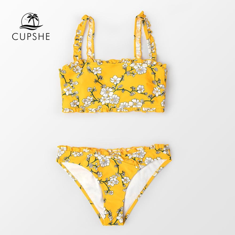 CUPSHE Yellow Floral Bandeau Ruffled Bikini Sets Women Sweet Two Pieces Swimsuit 2019 Girl Boho Bathing Suits