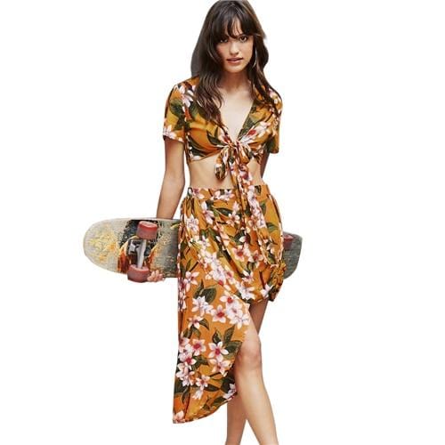 CUPSHE Yellow Floral Two-Piece Dress Cover Up 2019 Women Casual Long Dress Beach Bathing Suits