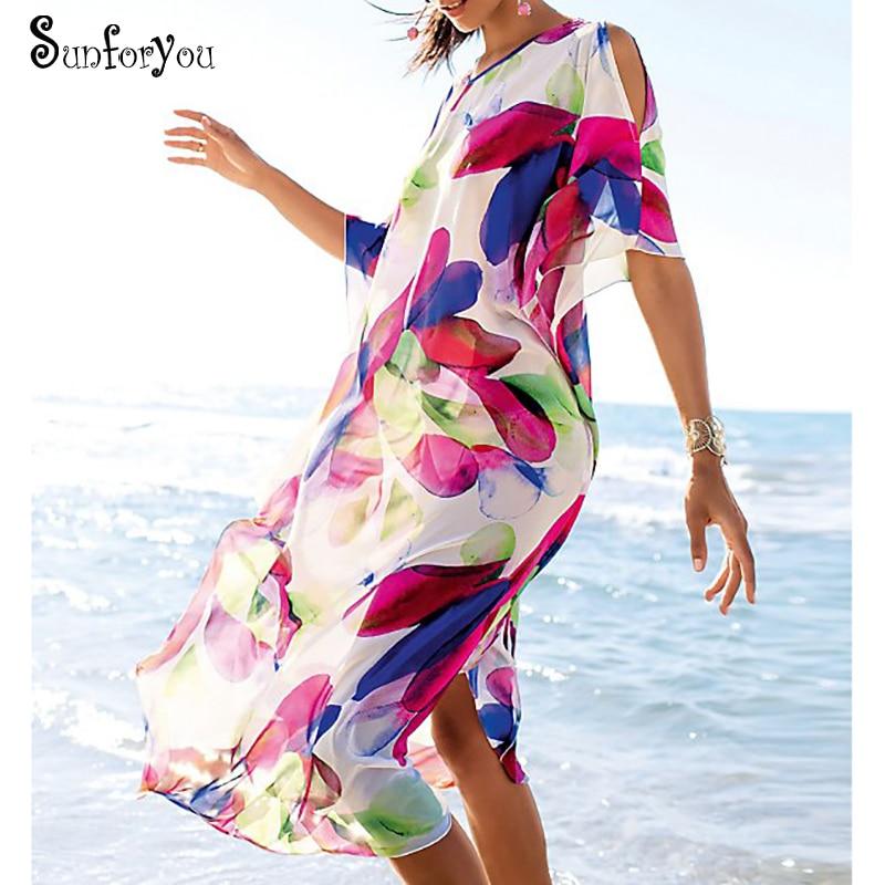 Chiffon Beach Boho Dresses O-neck Print Long Women Summer Holiday Dress Pareo de Plage Women Plus size Kaftan Beach dress Tunic