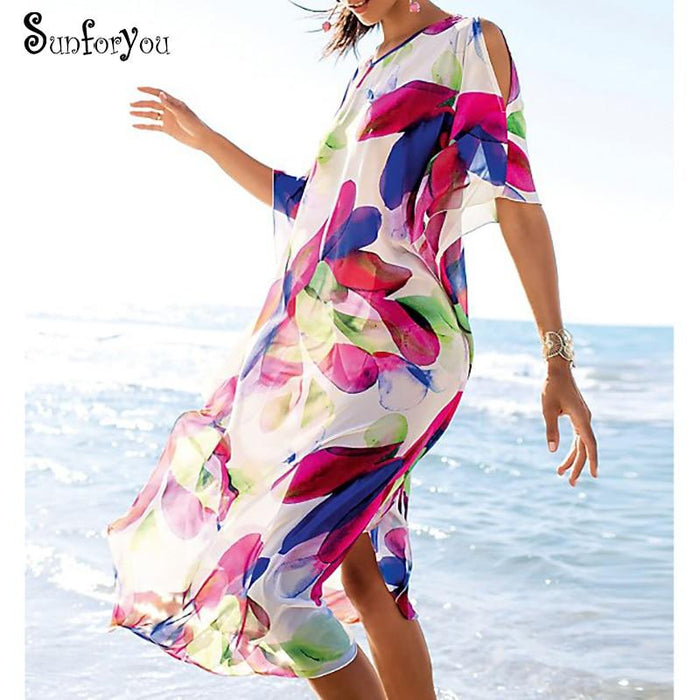 Chiffon Beach Boho Dresses O-neck Print Long Women Summer Holiday Dress Pareo de Plage Women Plus size Kaftan Beach dress Tunic