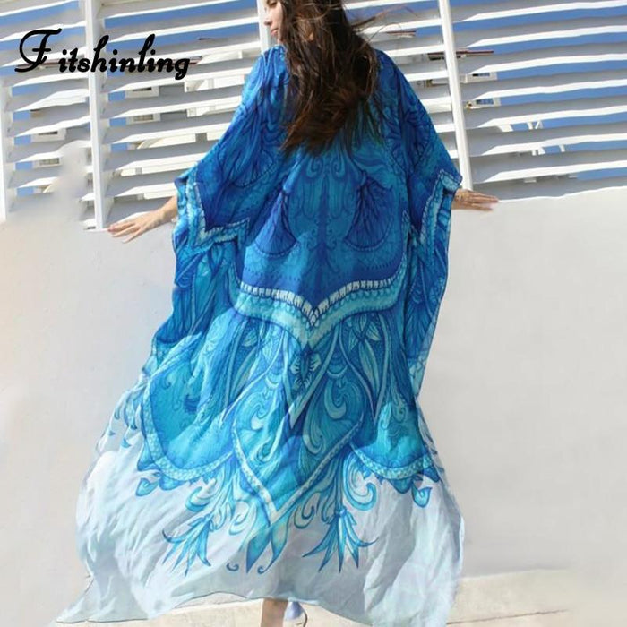 Fitshinling Large size cape swimwear wrap beach dress boho print batwing sleeve maxi dresses women 2019 summer robe pareos sale