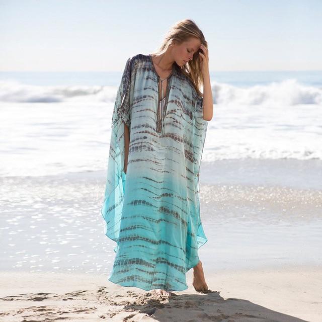 Fitshinling Tie dye chiffon tunic beach long dress female bohemian holiday big size pareos maxi dresses for women sexy hot sale