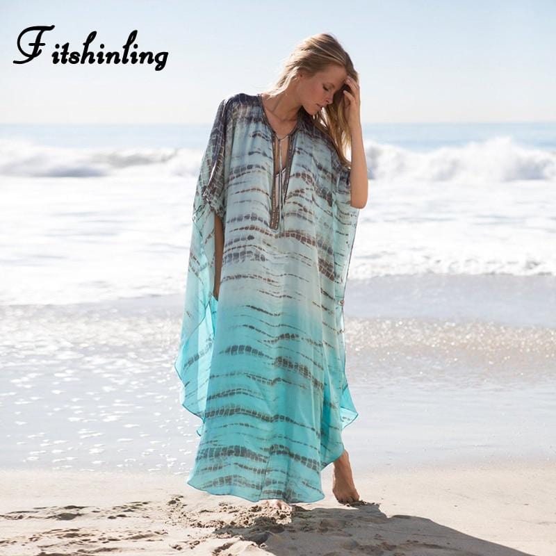 Fitshinling Tie dye chiffon tunic beach long dress female bohemian holiday big size pareos maxi dresses for women sexy hot sale