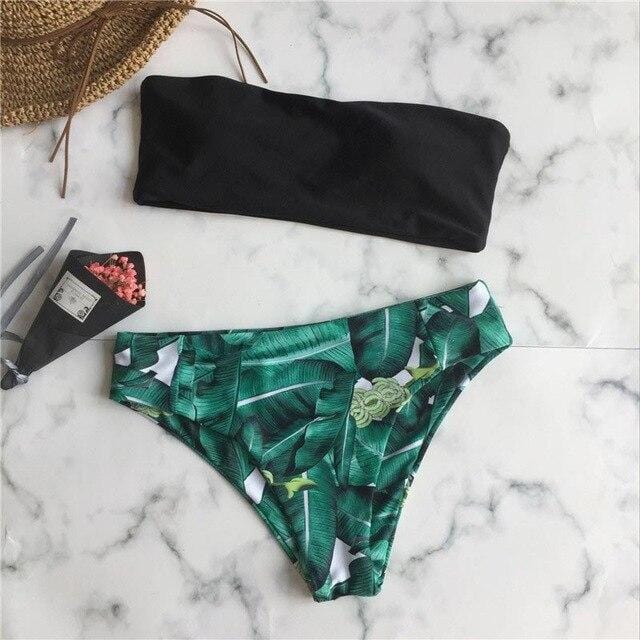 Leaf Print Tube Bikini Set Women Bandeau Bikini Sexy Swimwear Beach Bathing Suit Swimsuit Strapless Brazilian Biquinis Female