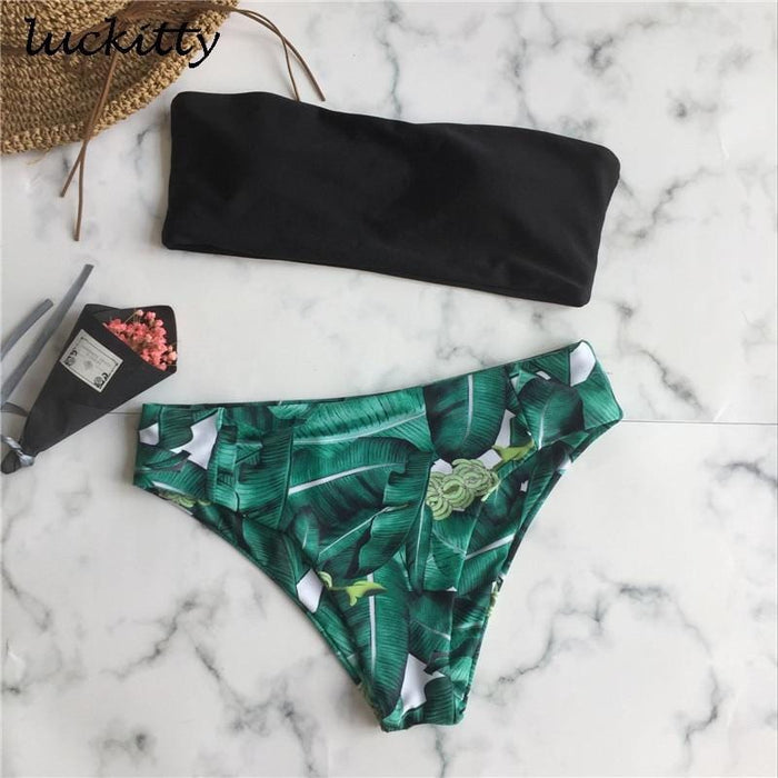 Leaf Print Tube Bikini Set Women Bandeau Bikini Sexy Swimwear Beach Bathing Suit Swimsuit Strapless Brazilian Biquinis Female