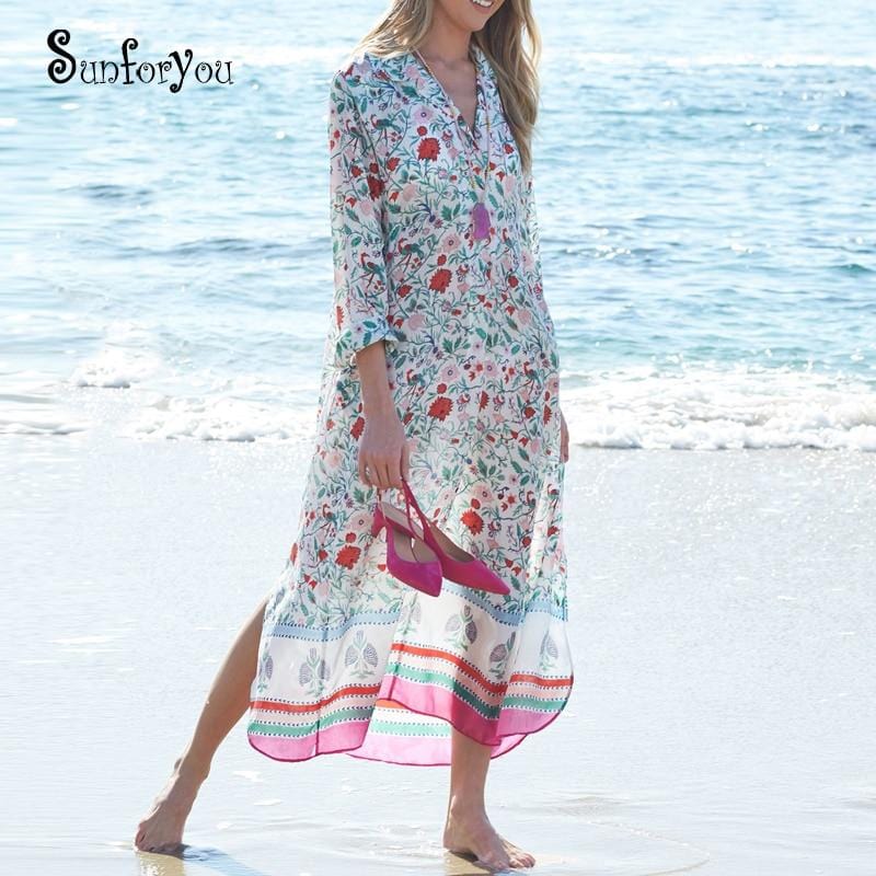 New Chiffon Maxi Bohemian Dress V Neck Print Floral Women Summer Long Sleeve Holiday Dress Beach Tunic Plus size Pareos Tunic