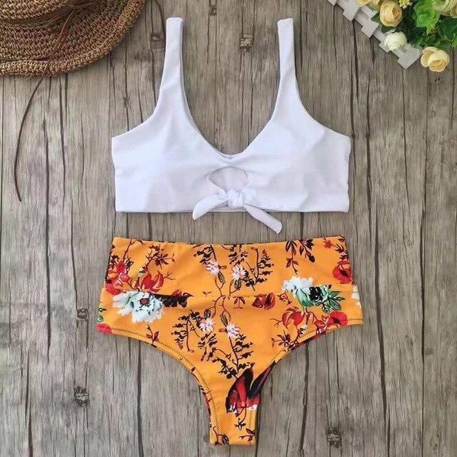 Sexy Knot Tie Bikini Set Female Swimsuit 2019 Floral Print High Waist Swimwear Women Bathing Suit Plus Size Swim Wear Monokini