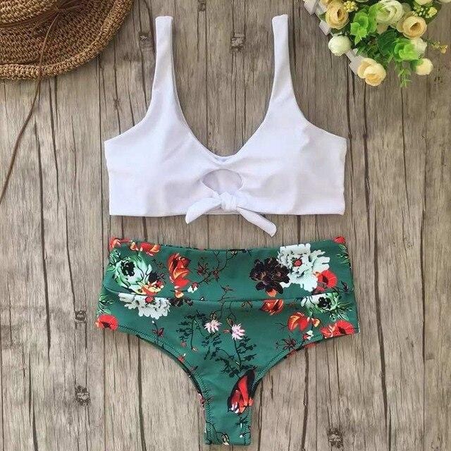 Sexy Knot Tie Bikini Set Female Swimsuit 2019 Floral Print High Waist Swimwear Women Bathing Suit Plus Size Swim Wear Monokini